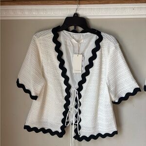 Chic White Cardigan and Matching Shorts with Black Trim